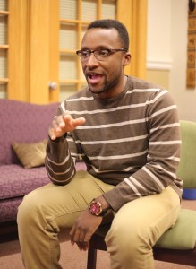 Ralph Jean-Noel, the LeaderShape student coordinator, speaks about the benefits of the program during an info session on Wednesday, Feb. 11, 2015, in the M Room. The info session was held to encourage prospective participants to sign up for the summer program. (Nan He/B&W photo)