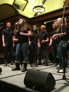 The Melismatics, a Lehigh a capella group, performed at the That's Mah Jam benefit contest Friday, March 20, 2015, in Lamberton Hall. The That's Mah Jam benefit raised money for Music is Medicine, an organization that pairs musical artists with pediatric patients, and collected canned goods for the Second Harvest Food Bank. (Margaret Burnett/B&W Photo)