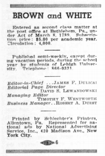 Durst listed as business manager on <em>The Brown and White's</em> masthead on Sept. 18, 1964.