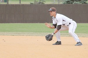 Junior second baseman Mike Garzillo gets ready to field a ball during Lehigh's game against Delaware on Wednesday, April 14, 2015 at Legacy Park on Goodman Campus. The Mountain Hawks fell to Delaware 5-1. (Emily Hu/B&W Photo)