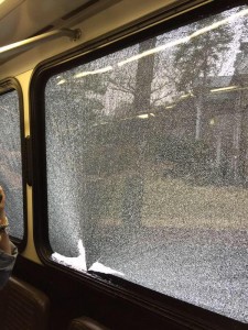 A window shattered during an accident between two Lehigh buses. The accident has been cleared and no major injuries were reported. Courtesy of Chris Barry