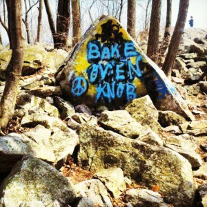 The Oven Bake Knob hiking spot displays graffiti and beautiful scenery in Germansville, Pennsylvania. (Nadine Elsayed / B&W photo)