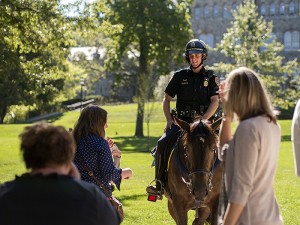 Bethlehem Police officer Jason Holschwander on Asa, the Bethlehem PD Mounted Unit's newest horse on the UC Front Lawn on Thursday, Sept. 24, 2015. Asa was paid for by a donation from Lehigh, as part of Lehigh's partnership with Bethlehem. (Chris Barry/B&W Photo)