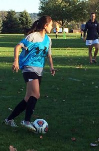 Sophomore forward/mid-fielder Lexi Chang dribbles the ball down the field in a practice drill on Thursday, Oct. 15, 2015 on Goodman Campus. The women's soccer team is preparing to face rival Lafayette on Wednesday, Oct. 21. (Danielle Schwartz/B&W Photo)