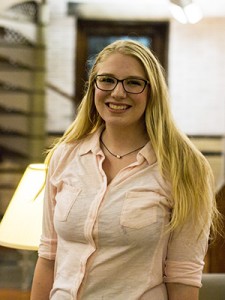 Emily Linderman, '19, stands in Linderman Library on Wednesday, Oct. 28, 2015. Linderman library was named after 