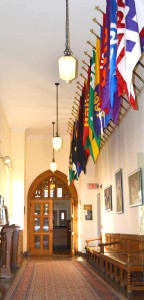 The Admissions Office is located in the Alumni Memorial Building on Friday, Feb. 5, 2016. The hallway to admissions is lined with flags from every graduated class from Lehigh. (Sarah Dawson/B&W Photo)