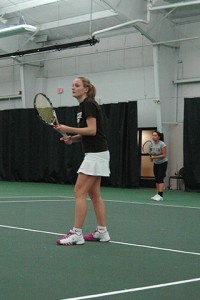 Lehigh junior Jamie Campisi sets up to return a serve during the varsity tennis team's practice in the Lewis Tennis Center on Monday, Feb. 1, 2016. The team looks to impove on its fourth place ranking in the Patriot League. (Michael Lopinto/B&W photo)