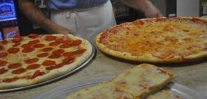 Pepperoni and plain pizzas sit on the counter at Campus Pizza on Tuesday, Feb. 16, 2016 during Colleges Against Cancer Restaurants Week. Some proceeds from this evening will go to Lehigh’s Relay for Life fund to help fight cancer. (Alexis McGowan/B&W Staff)