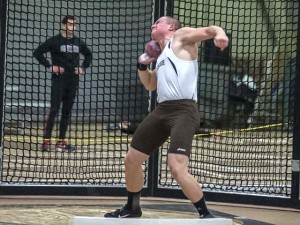Junior thrower Lucas Warning throws a shotput in Rauch Field House. Warning recently broke his own record in shotput, the previous Lehigh record was four decades old. (Courtesy Lehigh Athletics)