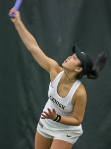 Lehigh freshman Grace Lin serves the ball against Rider on Sunday, March 6, 2016 at Lewis Tennis Center. The women's tennis team will compete in the Patriot League tournament on the weekend of April 21-24. (Zion Olojede/B&W Staff)