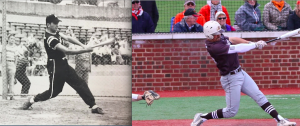 On the left is Anthony Rinaldi Jr. up at bat in Weehawken, N.J. in the late 1920s. On the right is Anthony Rinaldi IV batting for Lehigh in a game at Bucknell in the spring of 2015. Rinaldi Jr. passed before Anthony was born, but his swing is mirrored through his grandson in his entire lower half, full extension and top hand on the bat.