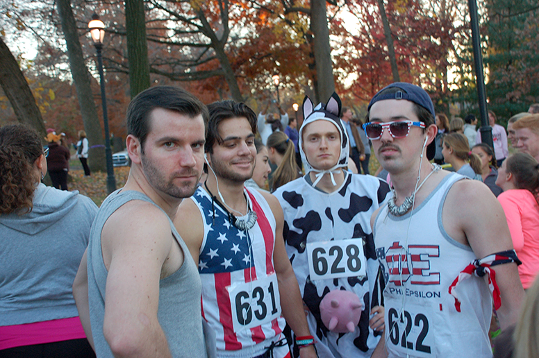 From left: David Kabrt, '17, Jake Trivilino, '19, Connor Bradley '16, and Ryan Betts, '19, get ready to run in the turkey trot on Thursday, Nov. 17, 2016. All have ran in previous years. (Ian Smith/B&W Staff)
