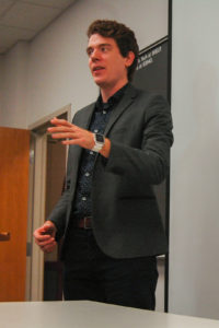 Andrew McGill presents “A Picture, a graphic, or a Video Game Is Worth a Thousand Words: Using Data to Tell Stories” Friday afternoon, Dec. 2, 2016, in Coppee Hall. McGill discussed the increasing need for images and data to support storytelling in today’s day and age. (Grace Rountry/B&W Staff)