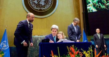 Former U.S. Secretary of State John Kerry, with his two-year-old granddaughter Isabelle Dobbs-Higginson on his lap and United Nations Secretary-General Ban ki-Moon looking on, signs the COP21 Climate Change Agreement on behalf of the United States during a ceremony on Earth Day, April 22, 2016, at the U.N. General Assembly Hall in New York. Lehigh is upholding the Paris climate agreement that President Donald Trump stated he would withdraw the U.S. from. (Courtesy of State Department)